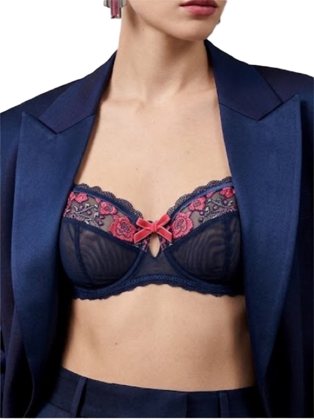 LEPEL Italy blue red floral embroidered velvet bow underwire mesh bra 32 DD